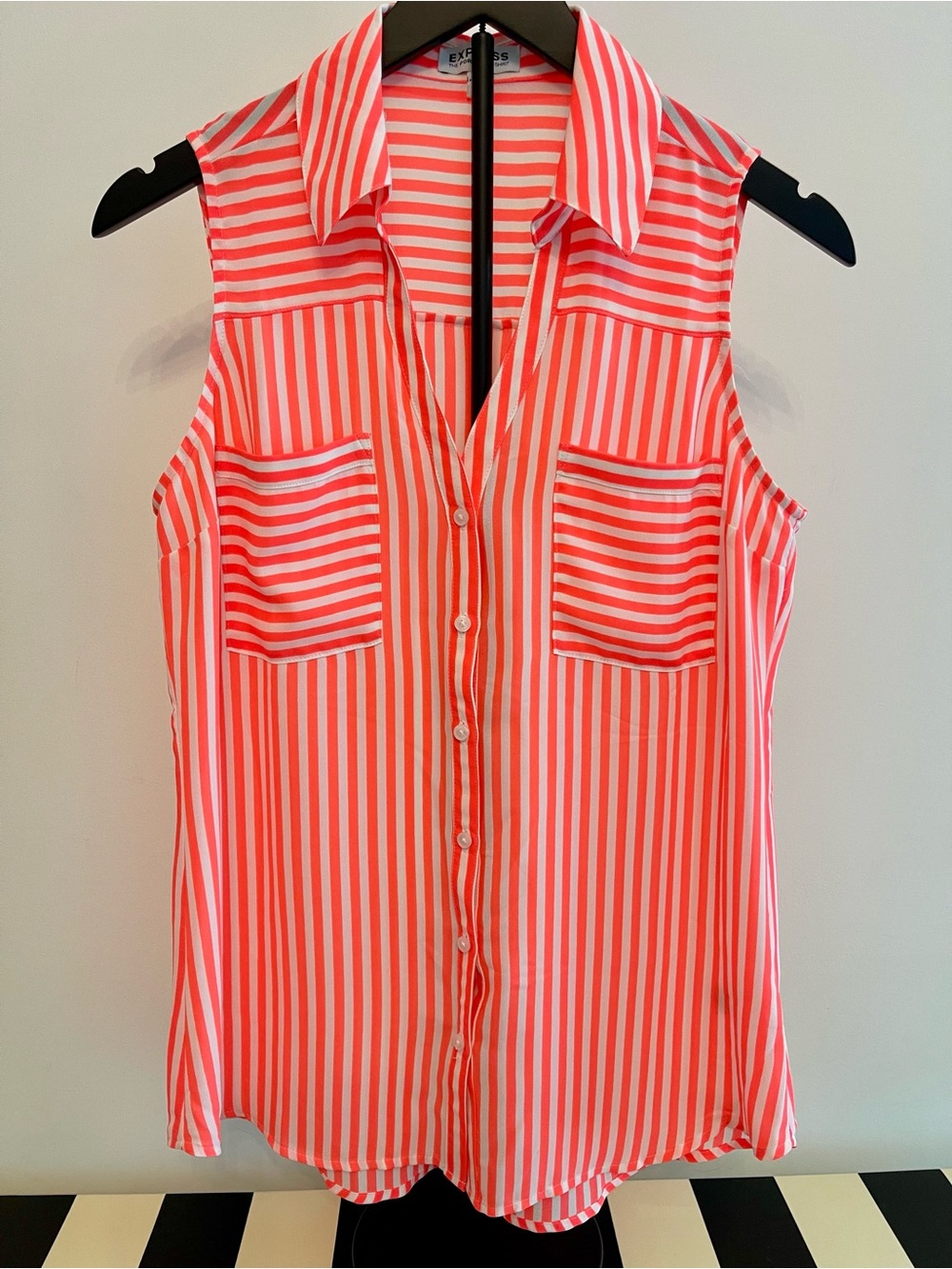 Express Neon Orange Coral and White Sleeveless Striped Blouse